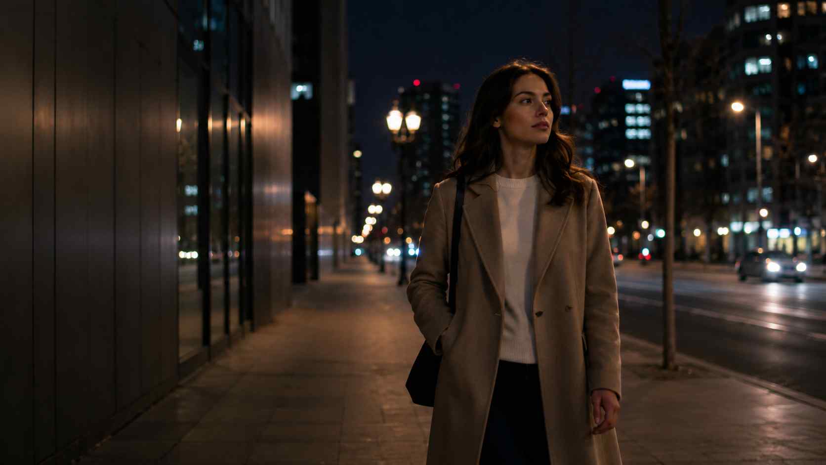Woman walking alone at night holding her phone