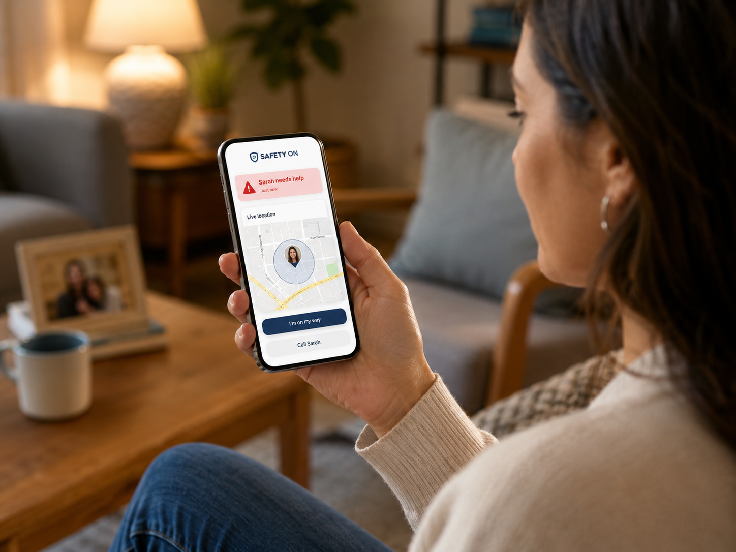 Guardian receiving a Safety On alert with live location on a phone