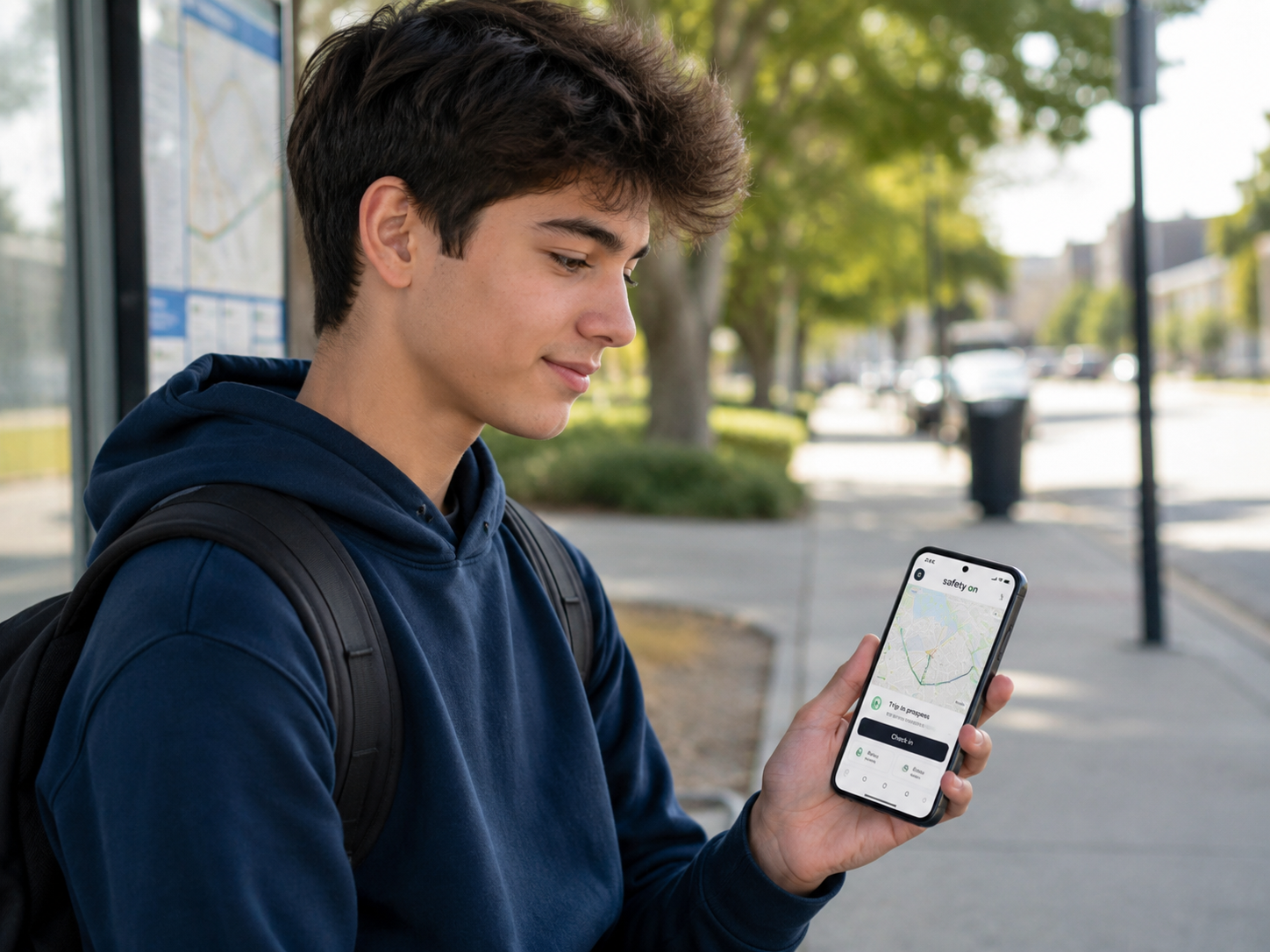 Young person checking Safety On on a phone outdoors